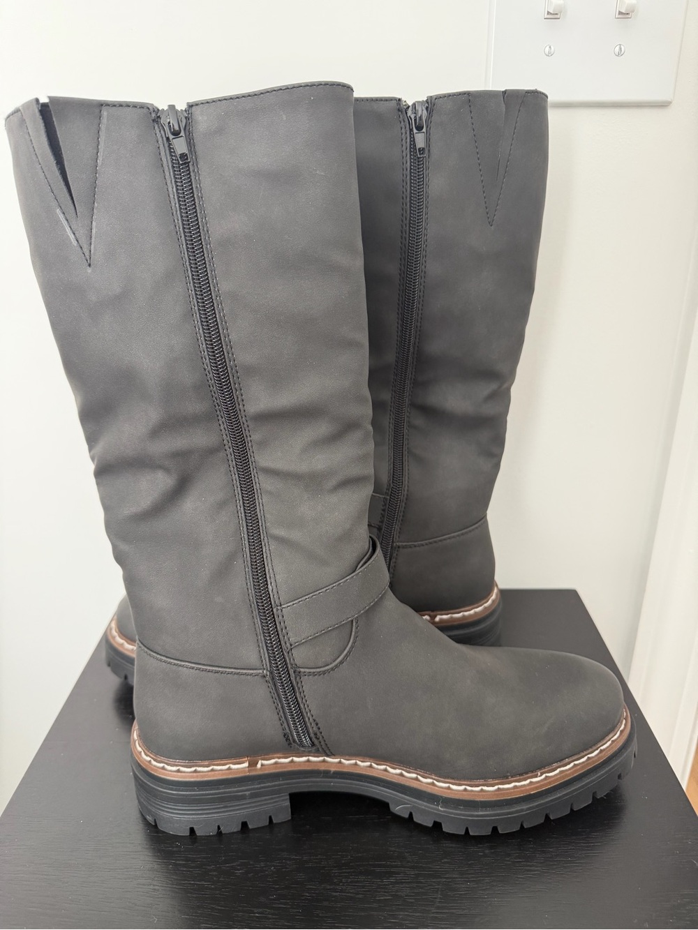 Nautica Black Mid-Calf Buckle Lug-Heel Boots - Picture 2 of 6